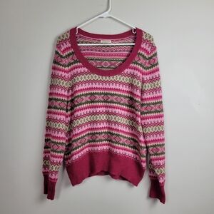 Vintage Fair Isle Fuzzy Comfy Rabbit Hair Pink Brown Scoop Neck Knit Sweater